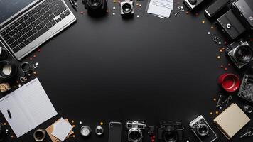 items on black table, background design of random objects on table photo
