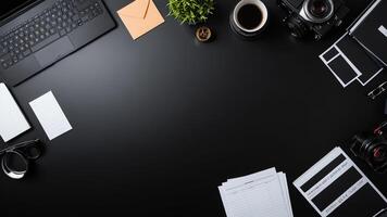 items on black table, background design of random objects on table photo