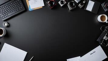 items on black table, background design of random objects on table photo