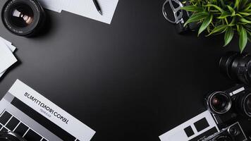 items on black table, background design of random objects on table photo