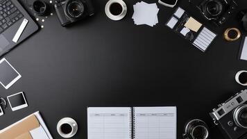 items on black table, background design of random objects on table photo