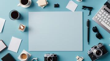 items on blue table, background design of random objects on table photo
