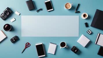 items on blue table, background design of random objects on table photo