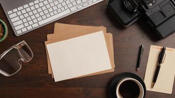 items on brown table, background design of random objects on table photo
