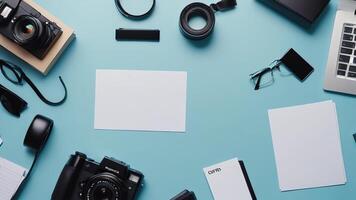 items on blue table, background design of random objects on table photo
