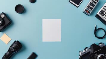 items on blue table, background design of random objects on table photo