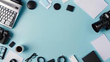 items on blue table, background design of random objects on table photo