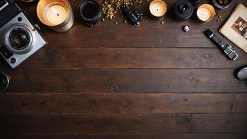 items on brown table, background design of random objects on table photo