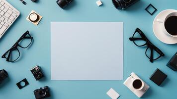 items on blue table, background design of random objects on table photo