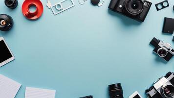 items on blue table, background design of random objects on table photo