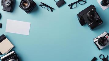 items on blue table, background design of random objects on table photo