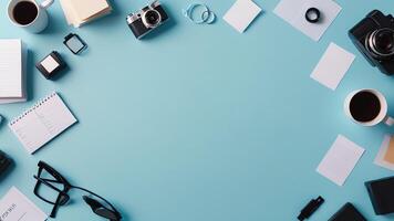 items on blue table, background design of random objects on table photo