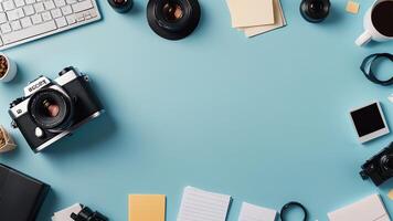 items on blue table, background design of random objects on table photo