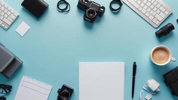items on blue table, background design of random objects on table photo