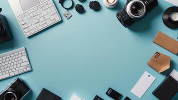 items on blue table, background design of random objects on table photo