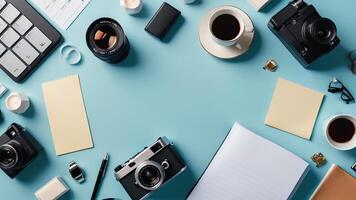 items on blue table, background design of random objects on table photo