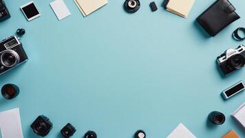 items on blue table, background design of random objects on table photo