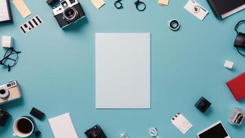 items on blue table, background design of random objects on table photo