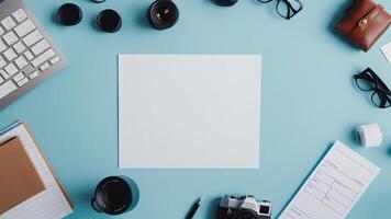 items on blue table, background design of random objects on table photo