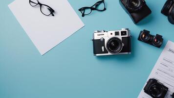 items on blue table, background design of random objects on table photo