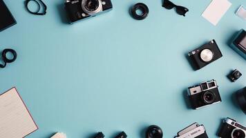 items on blue table, background design of random objects on table photo