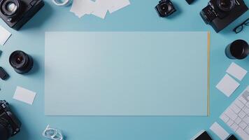 items on blue table, background design of random objects on table photo
