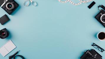 items on blue table, background design of random objects on table photo