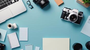 items on blue table, background design of random objects on table photo