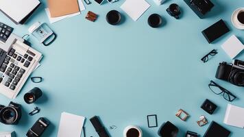 items on blue table, background design of random objects on table photo