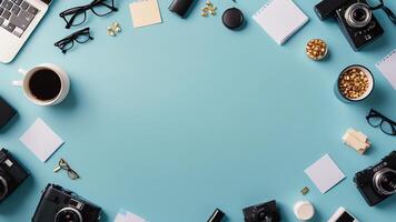 items on blue table, background design of random objects on table photo