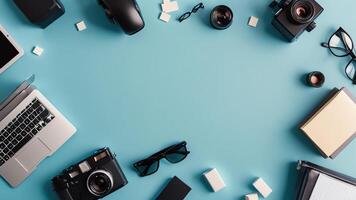 items on blue table, background design of random objects on table photo