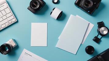 items on blue table, background design of random objects on table photo