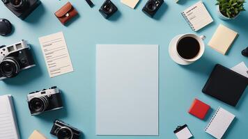 items on blue table, background design of random objects on table photo