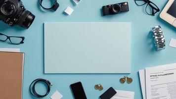 items on blue table, background design of random objects on table photo