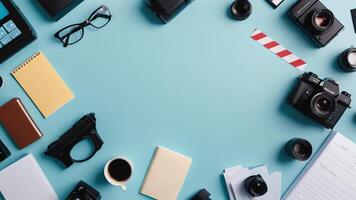 items on blue table, background design of random objects on table photo