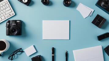 items on blue table, background design of random objects on table photo