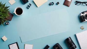 items on blue table, background design of random objects on table photo