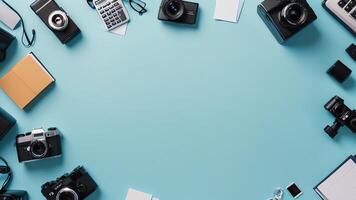 items on blue table, background design of random objects on table photo