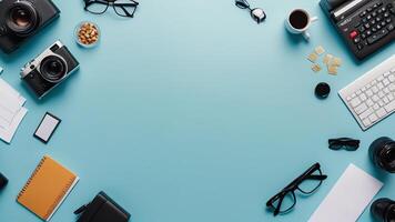 items on blue table, background design of random objects on table photo