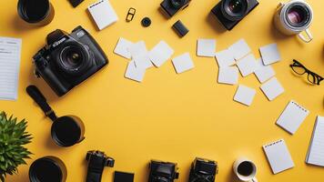items on yellow table, background design of random objects on table photo