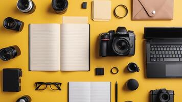 items on yellow table, background design of random objects on table photo