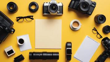 items on yellow table, background design of random objects on table photo