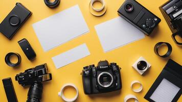 items on yellow table, background design of random objects on table photo