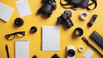 items on yellow table, background design of random objects on table photo