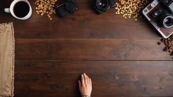 items on brown table, background design of random objects on table photo