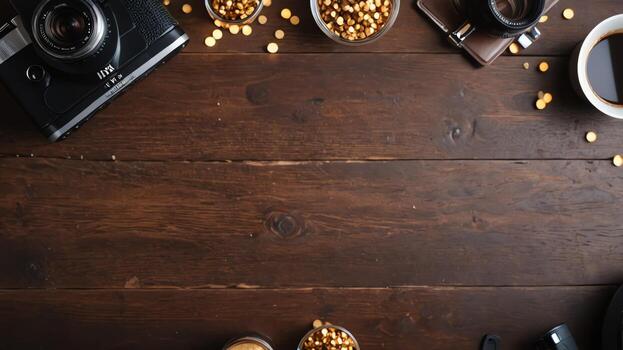 items on brown table, background design of random objects on table photo
