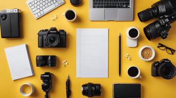 items on yellow table, background design of random objects on table photo
