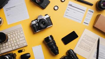 items on yellow table, background design of random objects on table photo