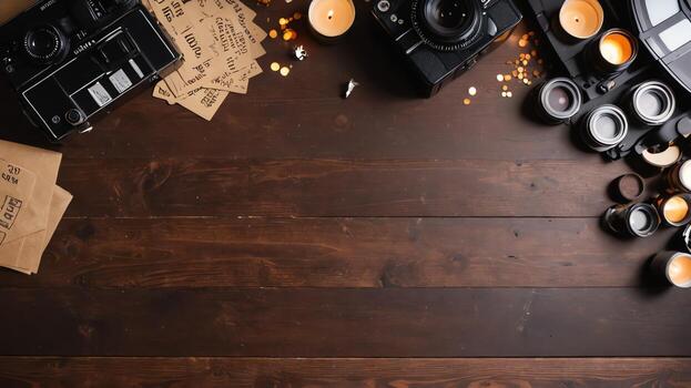 items on brown table, background design of random objects on table photo
