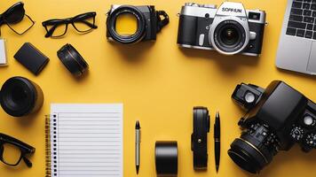 items on yellow table, background design of random objects on table photo